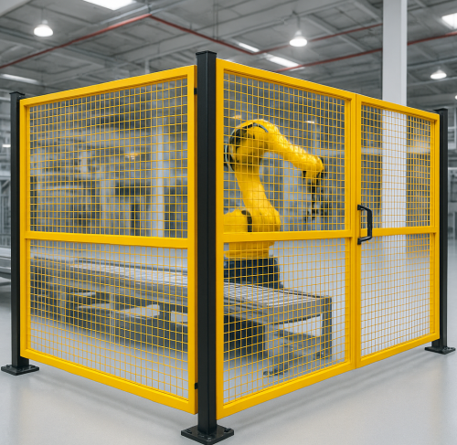 รั้วนิรภัยตะแกรงเหล็กสีเหลืองพร้อมประตู กั้นพื้นที่แขนกลอุตสาหกรรมภายในโรงงาน พื้นที่สะอาดและปลอดภัย